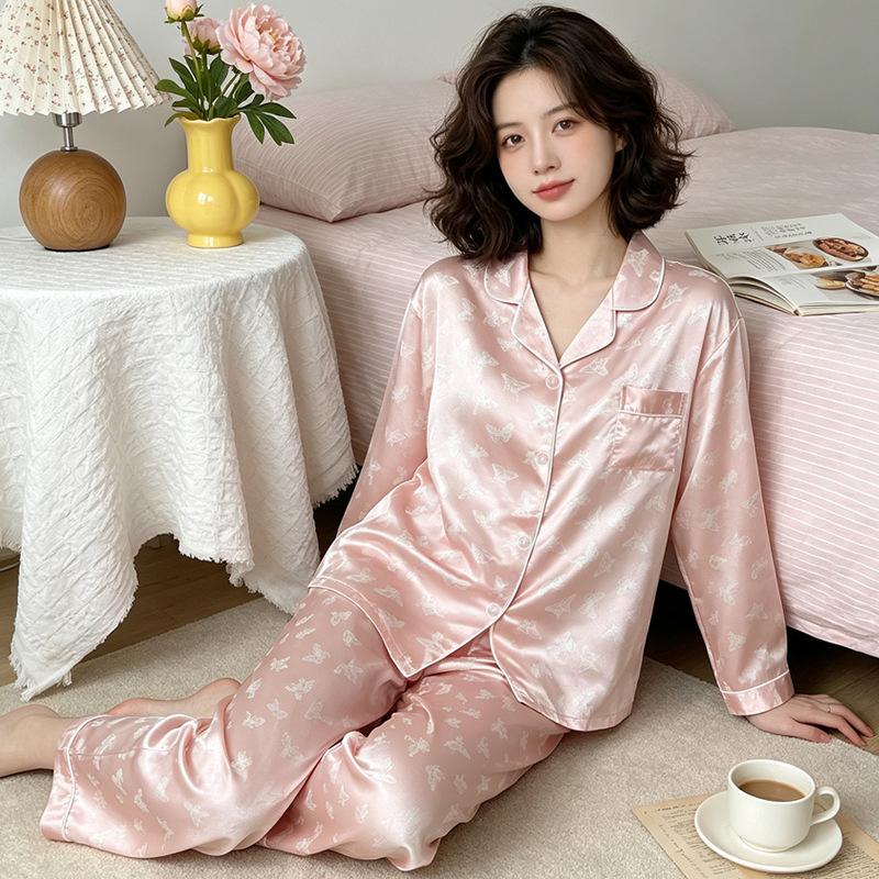 Sweet and high-value butterfly print ice silk pajamas women's ins loungewear long-sleeved trousers two-piece set