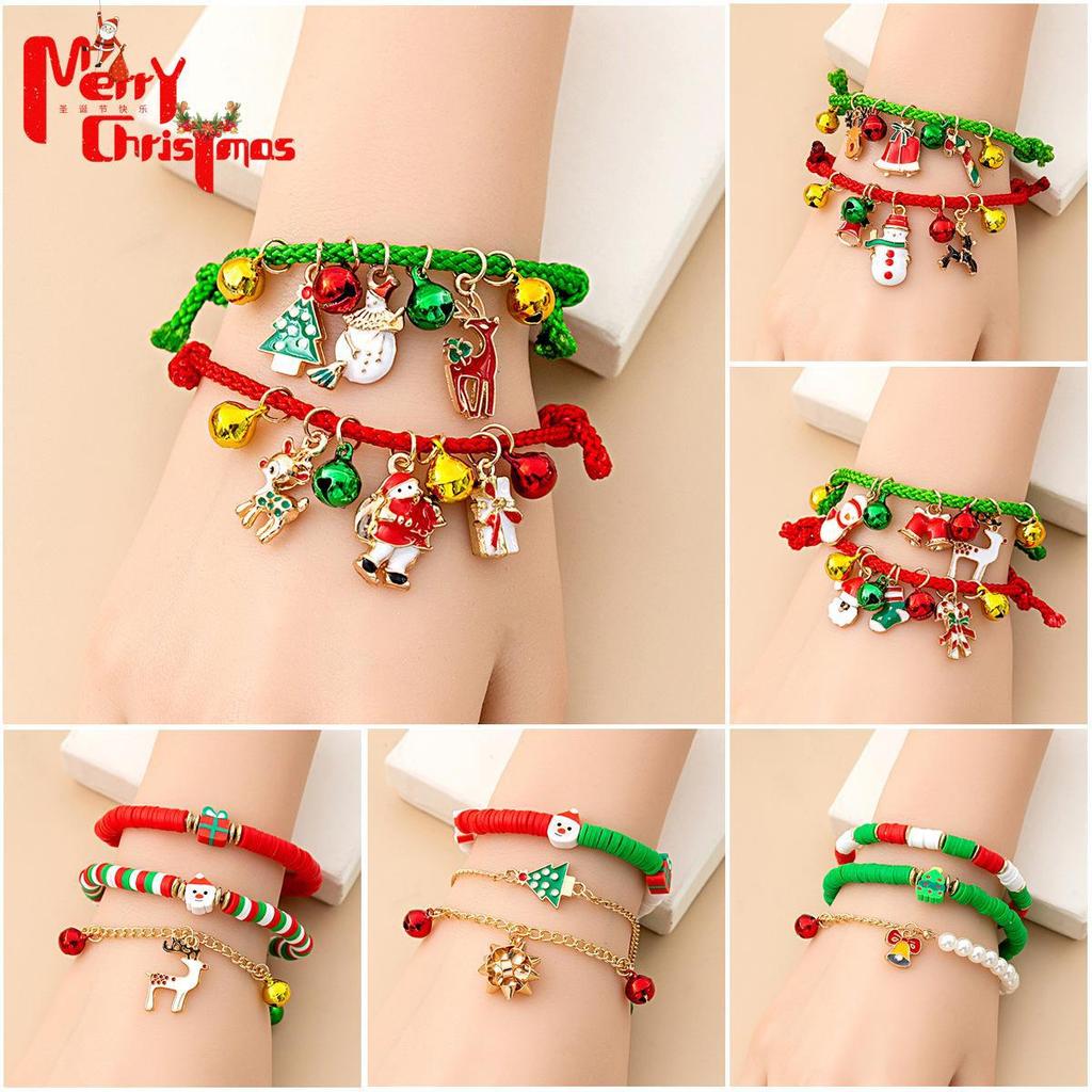Christmas Reindeer Bell & Santa Candy Cane Beaded Adjustable Bracelet for Women
