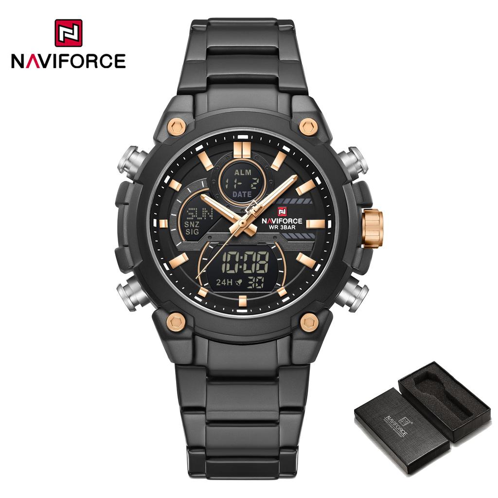 Naviforce Men Dual Time Watch Quartz Movement LCD Digital Chronograph Luminous Hands Stainless Steel Strap Waterproof Men Watch NF9278