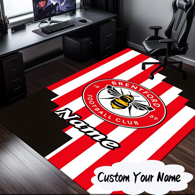 Custom Name Brentford Crest Design Rug for Living Room, Game Rooms, Office, Bedroom, Floor Mat Playful Design, Fan Gifts Christmas Decor