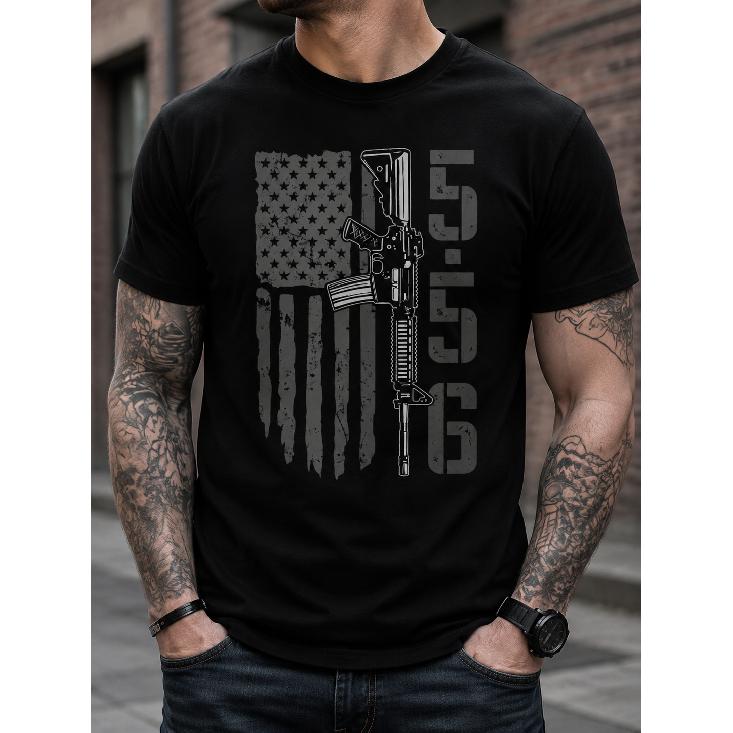 Men s Tactical Graphic T-Shirt With Distressed American Flag And Rifle Print, Short Sleeve Crewneck Tee For Casual Streetwear S