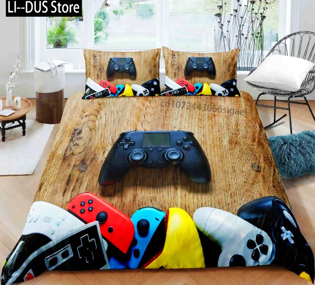 Set de lenjerie de pat pentru gamer pentru dormitor, moale, modern, cu gamepad, cuverturi confortabile pentru copii, husă de plapumă, husă de pilotă cu jocuri video și față de pernă