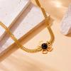 Gold Plated Stainless Steel Black Agate Flower Pendant Cuban Chain Necklace for Women
