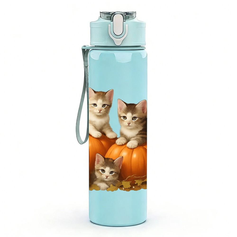 1PC Kitten Pumpkin Autumn 750ml Color Plastic Sports Water Bottle Leakproof Flip Straw Lid Suitable for Sports Office Home Use