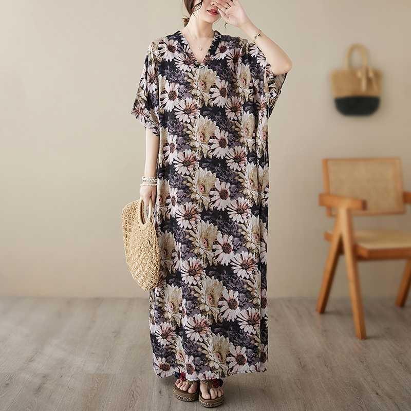 V-neck Thin Plus Size Loose Vintage Cover-up Long Dress