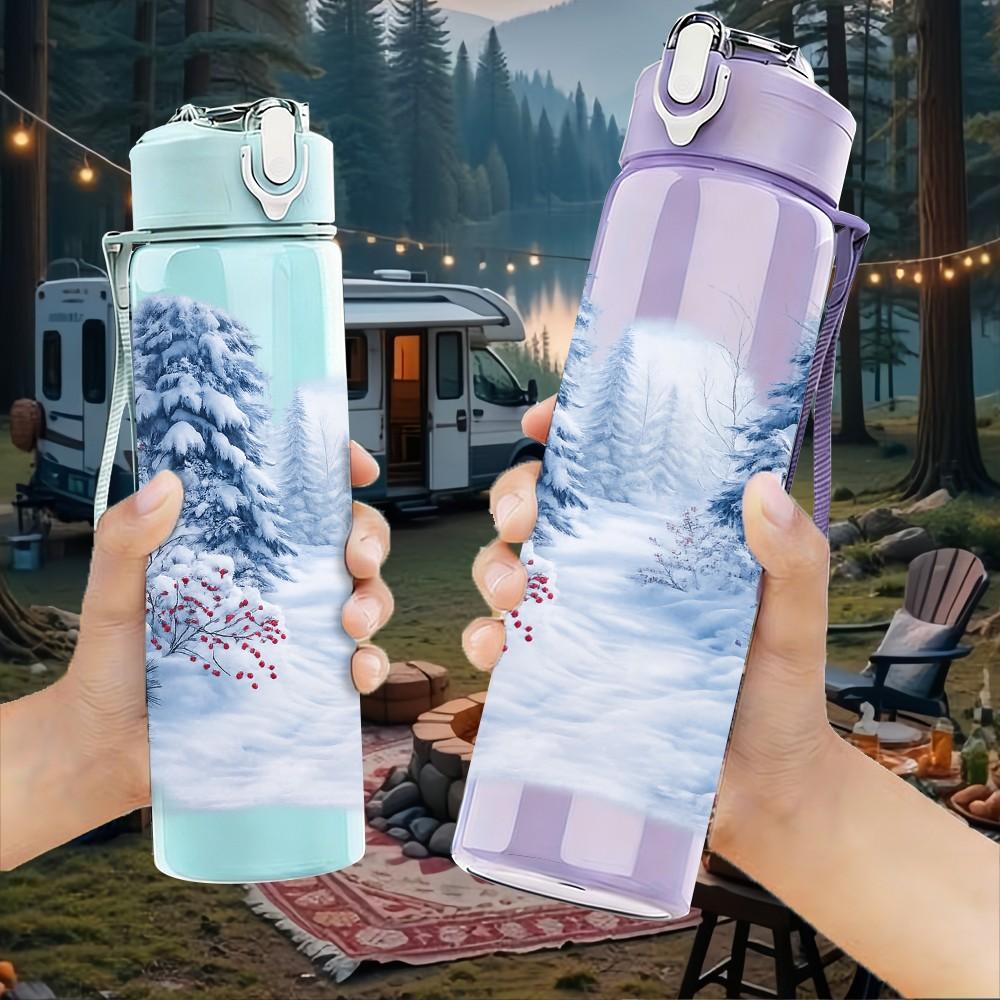 1PC Snow Mountain Waterfall Landscape Print 750ml Color Plastic Sports Water Bottle Leakproof Flip Straw Lid Suitable for Sports Office Home Use
