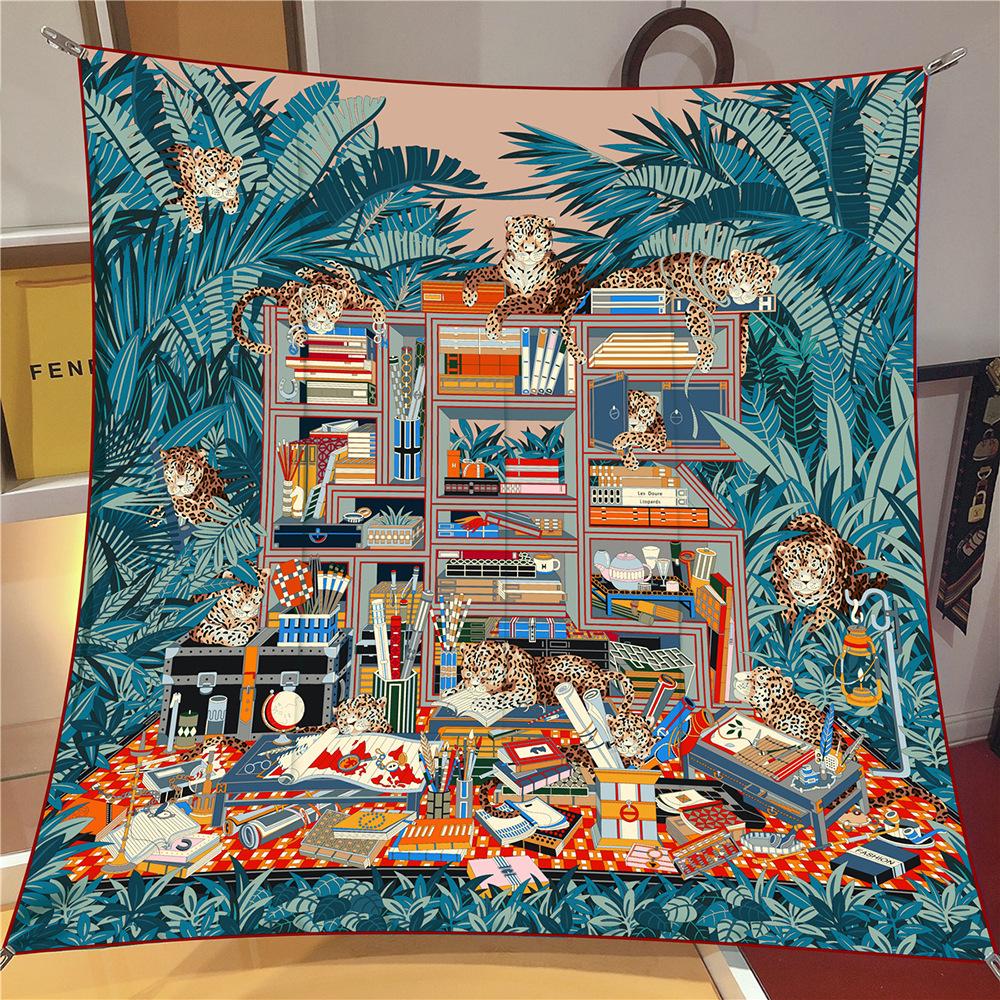 New 90CM Brand Luxury Twill Silk Scarf for Women Leopard Jungle Library Wrap Headband Shawl Stole Hijab Lady Square Scarves