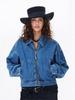 2025 Women's Retro Blue High-Waisted Zip-Up Denim Jacket with Stand-Up Collar