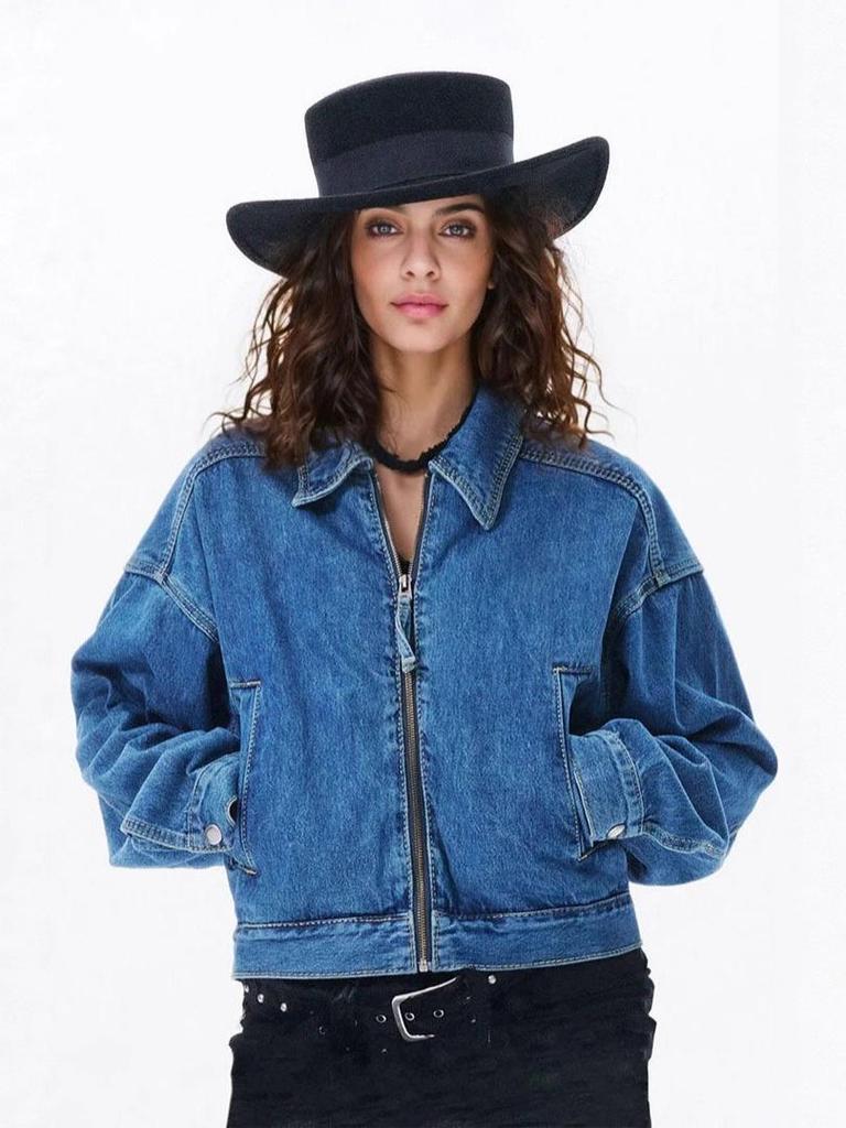 2025 Women's Retro Blue High-Waisted Zip-Up Denim Jacket with Stand-Up Collar