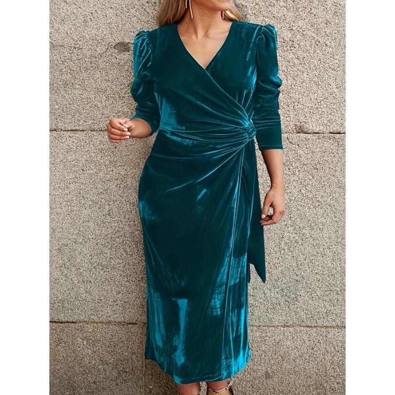 Women V Neck Long Sleeve Elegant Casual Solid Color Dress