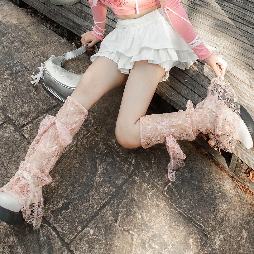 Transparent JK Calf Long Socks Lace-up Bow Mid-tube Stockings Y2k Loose Stockings  Spring Summer