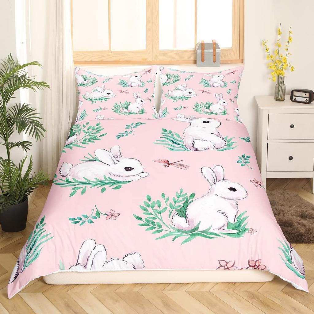 Rabbit Print Kids Girls King Queen Duvet Cover Cartoon Pink Little Bunny Comforter Cover Animal Floral Polyester Bedding Set