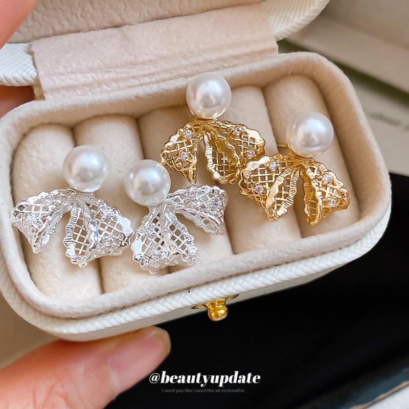 K real gold electroplated lace bow zircon pearl stud earrings women French design earrings temperament earrings women