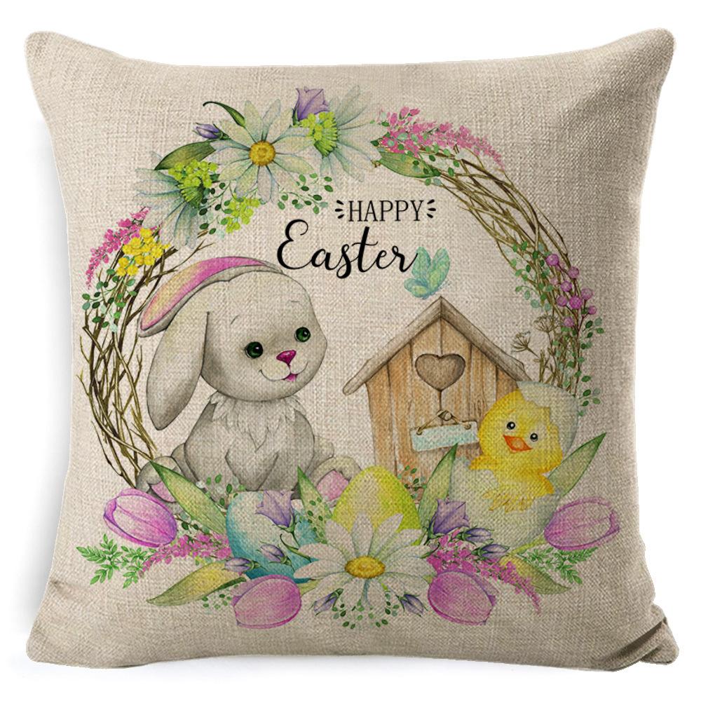 Cartoon Easter Pillow Cover Linen Watercolor Bunny Egg Home Sofa Cushion Cover