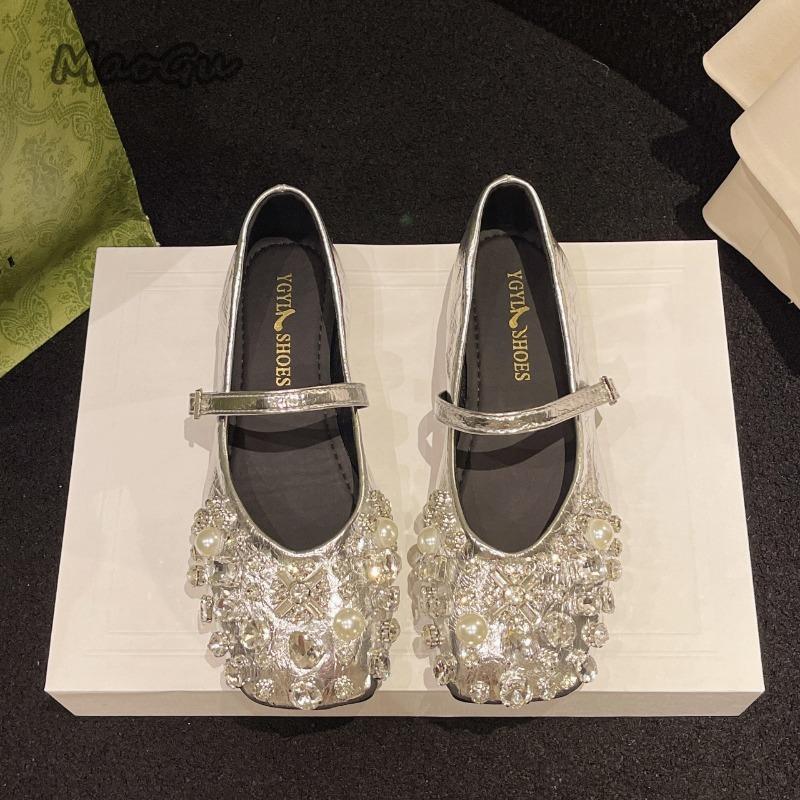 Fashion Women’s Flat Shoes Fairy Style Silver Sequins Mary Janes Basic Spring Summer Rhinestones Low Heel Pumps Single Shoes Square Toe