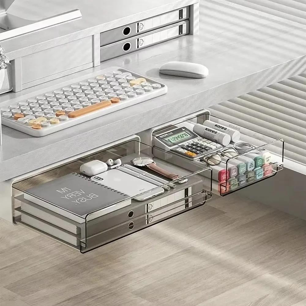 Versteckte Schubladen-Aufbewahrungsboxen unter dem Schreibtisch Transparente Schubladenboxen Selbstklebend Büro-Tisch Schreibtisch Zuhause Kunststoff-Organizer Schließfach