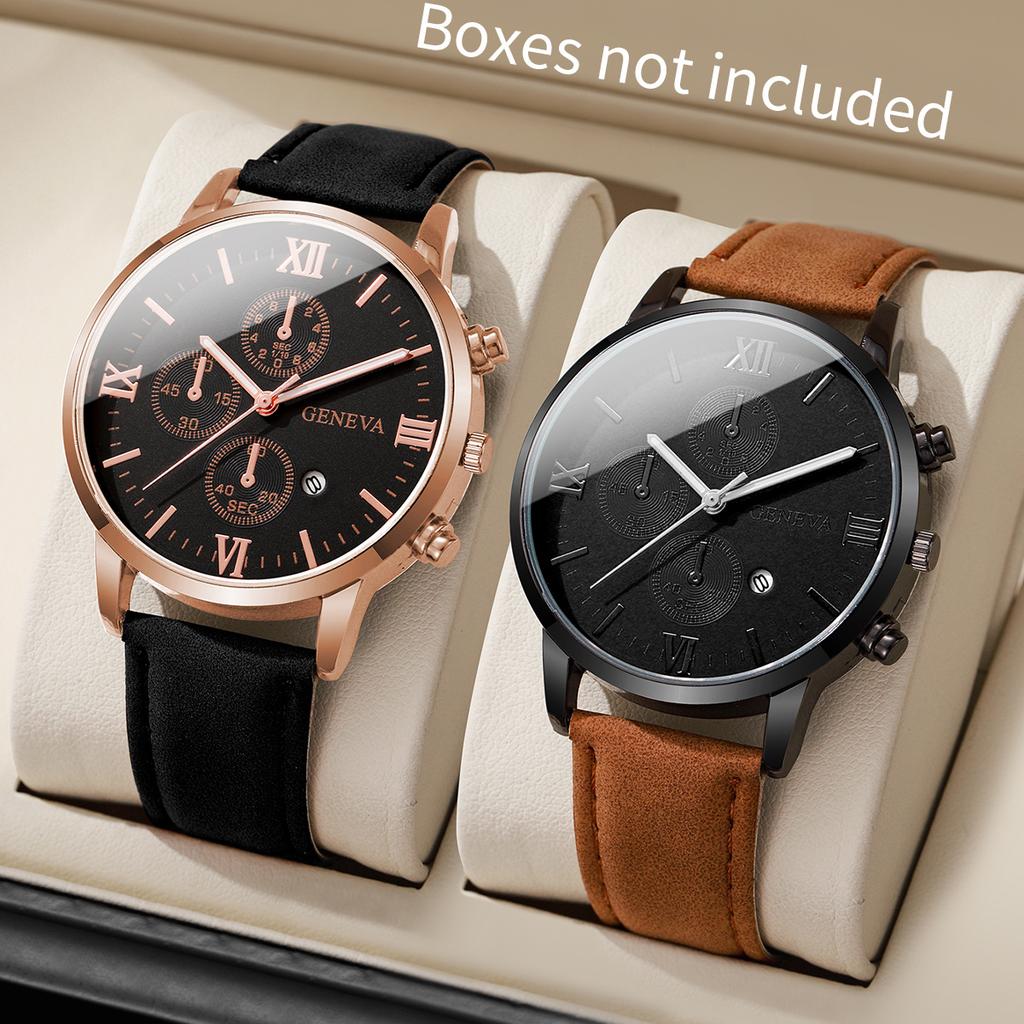 2 Pcs/set Men's Business Watches Fashion Rome Dial Date Watch Leather Bracelet Quartz Wrist Watches Female Watches (Without Box)