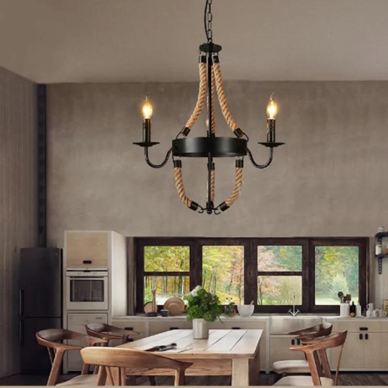 American countryside retro chandelier attic candle hemp rope lamp rope bar coffee forged iron home decoration lighting fixture