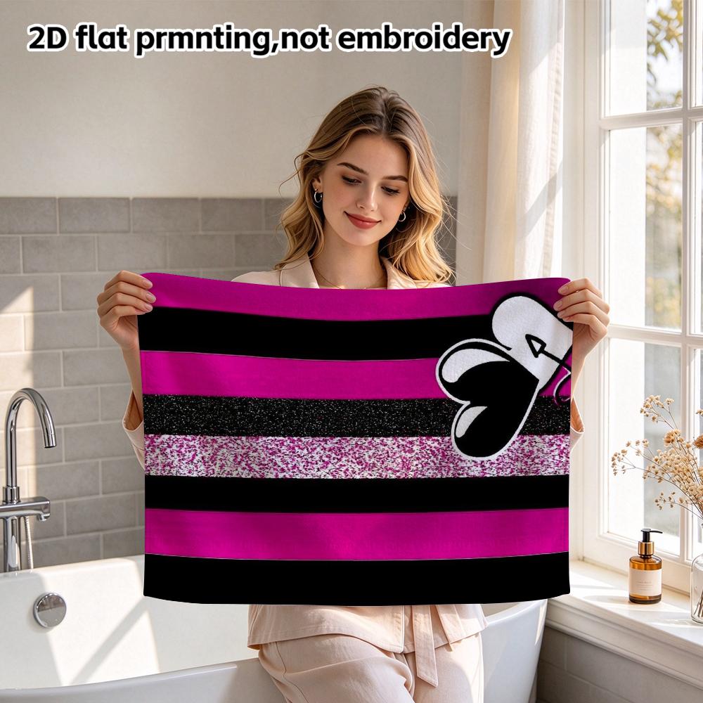 Quick Dry Absorbent Bath Towel, Pink Black Stripes And Heart Print, Soft Wash Towel