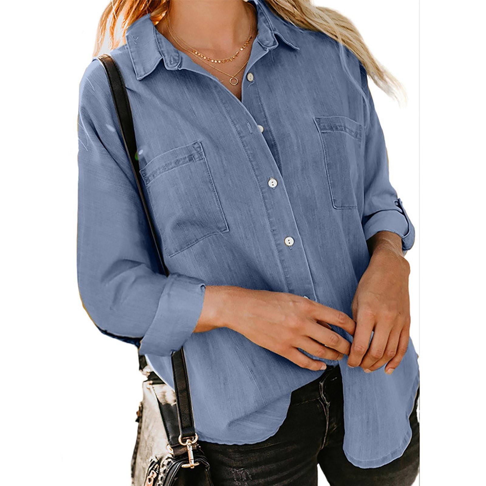 

Women s Long Sleeve Button Color Loose Shirt Casual Large Size Shirt M небесно-голубой