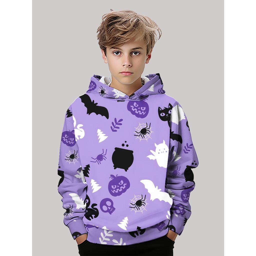 Boys' Halloween hoodie with pumpkin and cat patterns, long sleeved purple hoodie, suitable for trick or treating activities, daily autumn