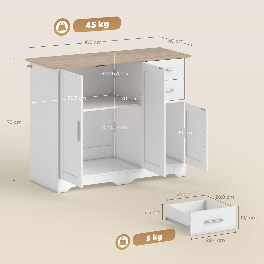 Buffet Sideboard Storage Cabinet With 2 Drawers 3 Doors And Adjustable Shelf 100 X 40 X 78 Cm White And Natural Wood