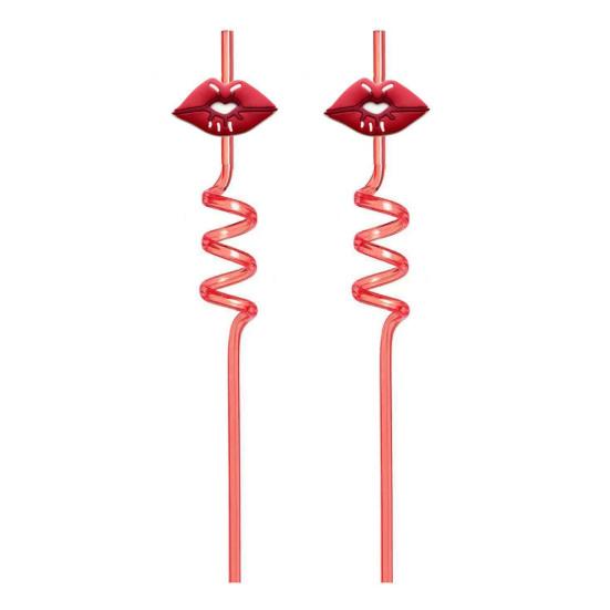 2Pcs Colorful Spiral Straws Creative Drinking Straws with Heart Lip Cake Charm Romantic Pink