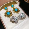 Silver Needle Vintage Rhinestone and Pearl Geometric Floral Stud Earrings
