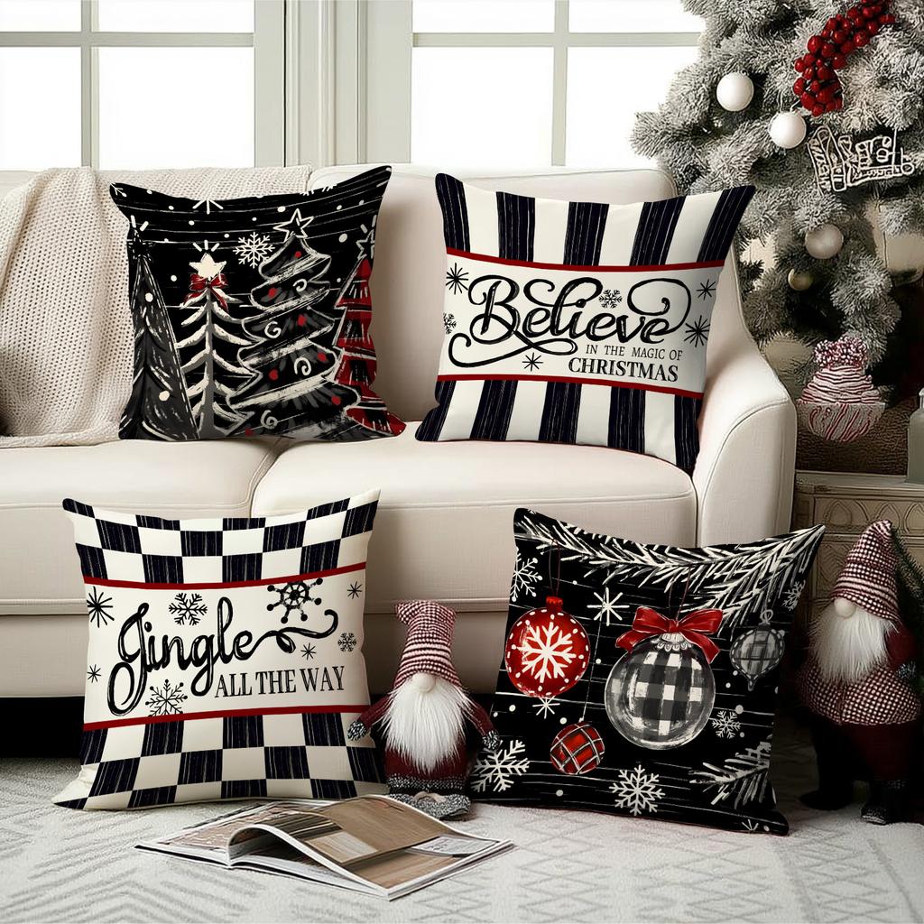1/4Pcs Black Christmas Pillowcases, Bow Christmas Balls, Christmas Tree Print Design Cushion Covers, Christmas Decorations