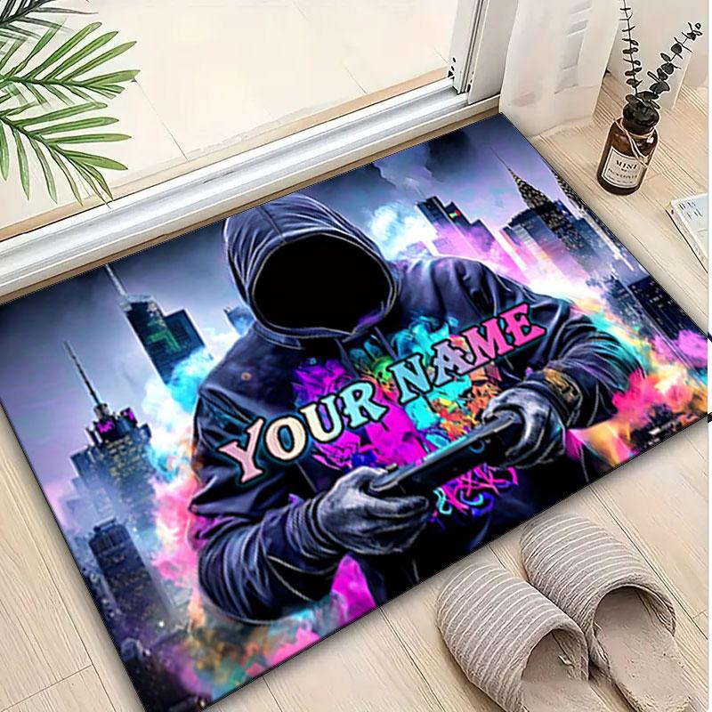 1PC Custom Name Cyberpunk Cityscape Theme Floor Mat Ideal for Living Room, Game Rooms, Office, Bedroom,Floor Mat Playful Design