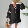 Ethnic Style Beach Resort Dress with Ruffled Edges, Hand-hooked Floral V-neck Dress for Women