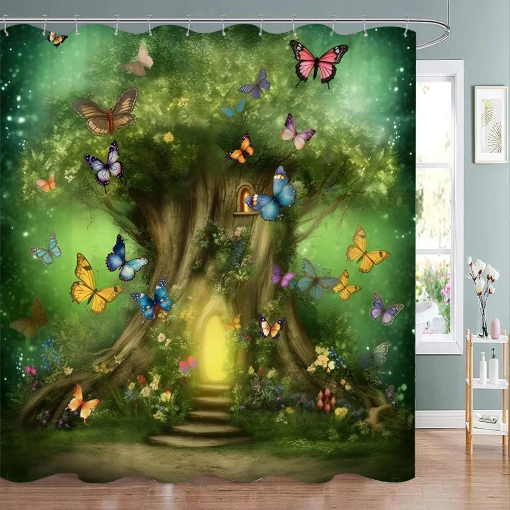 Weißer Kater Mit Blauen Schmetterlingen Duschvorhang Wasserdicht Leicht Zu Reinigen Sichtschutz Druck Fantasy Kunst Design Elegant