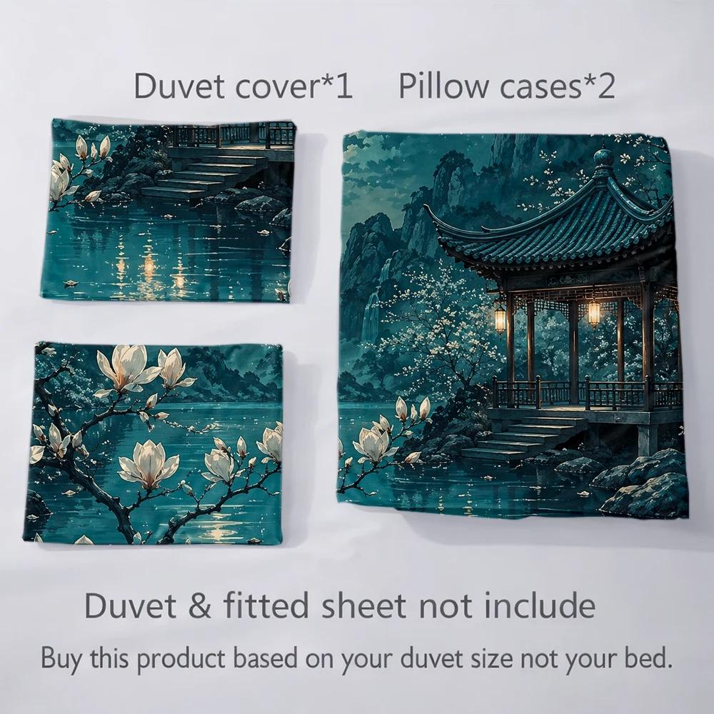 3-Piece Polyester Chinese Style Moonlit Night Magnolia Duvet Cover Set 200X230Cm Double Bed All Seasons Machine Washable