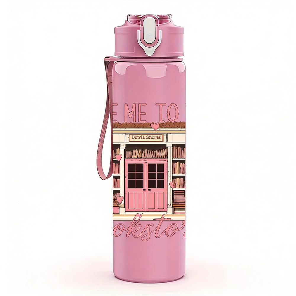1PC Bookstore Vintage Letter Print 750ml Color Plastic Sports Water Bottle Leakproof Flip Straw Lid Suitable for Sports Office Home Use