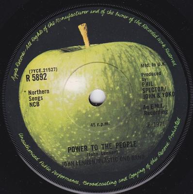 7inch Record JOHN LENNON  YOKO ONO THE PLASTIC  Power To The People R5892 Apple Records 1971 UK Rock Used