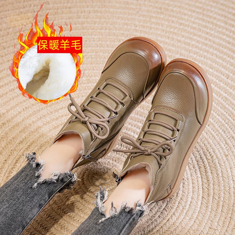 Winter New Leather Wool Martin Boots Casual Versatile Thickened Velvet Non-slip Flat Cotton Shoes Women's Short Boots