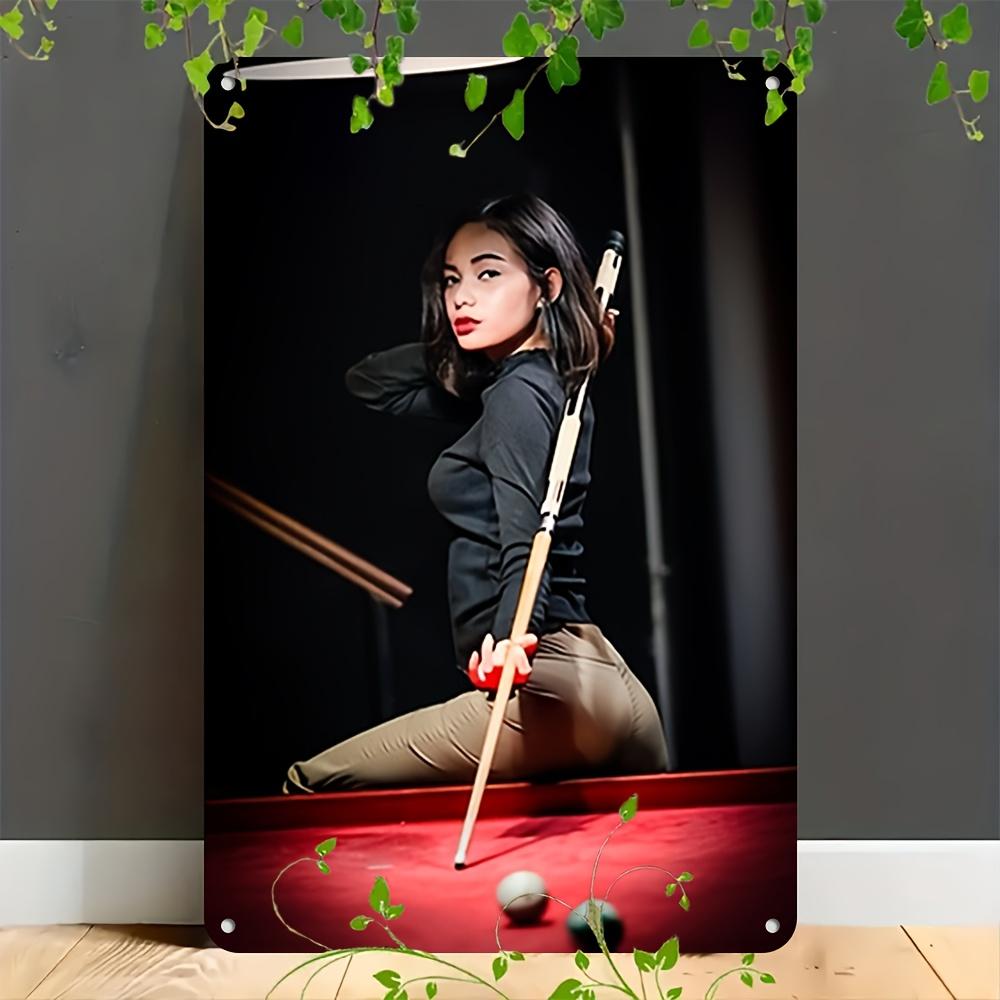 Billiards Wall Art D Poster Metal Sports Decor with Player Woman Pool Stick Modern Game Room Gift Durable Rectangle Sign
