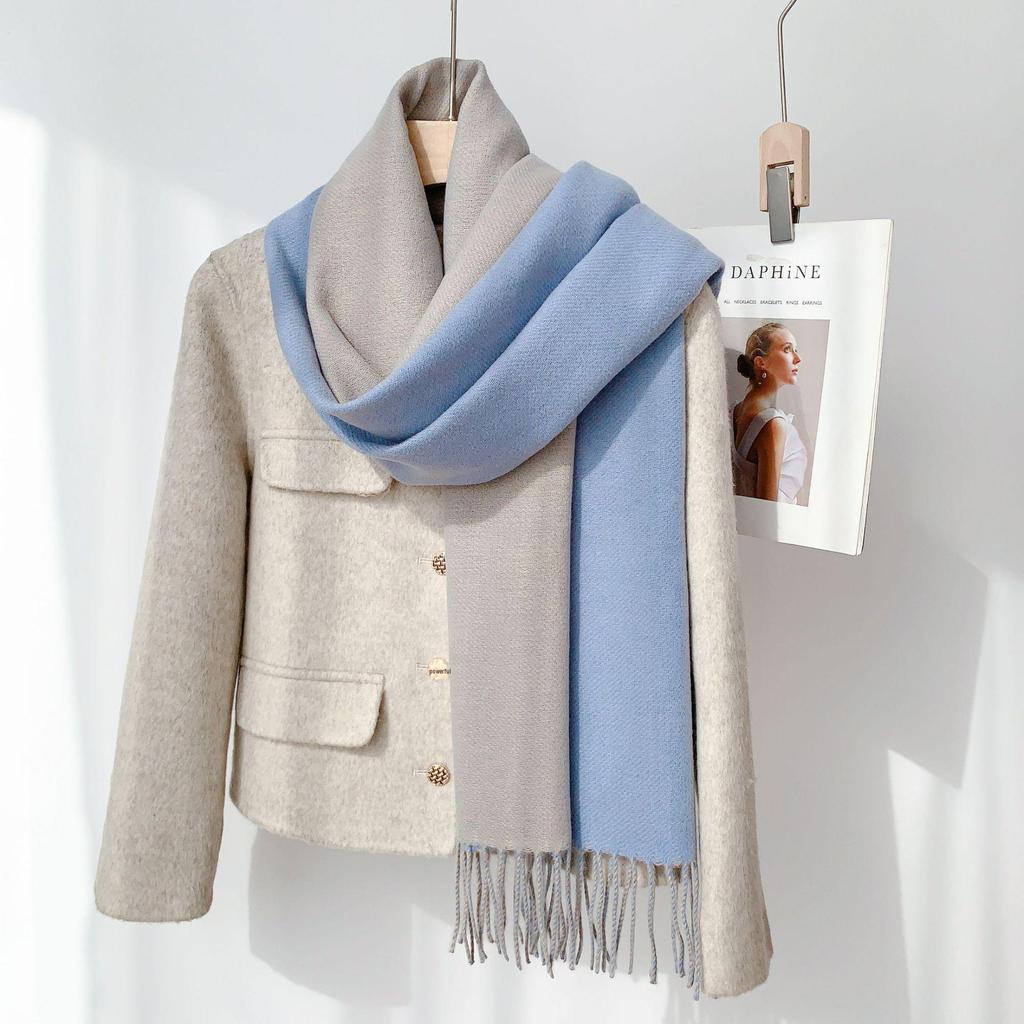 Double-Sided Solid Color Imitation Cashmere Scarf with Tassels – Cozy Korean Autumn/Winter Fashion for Students
