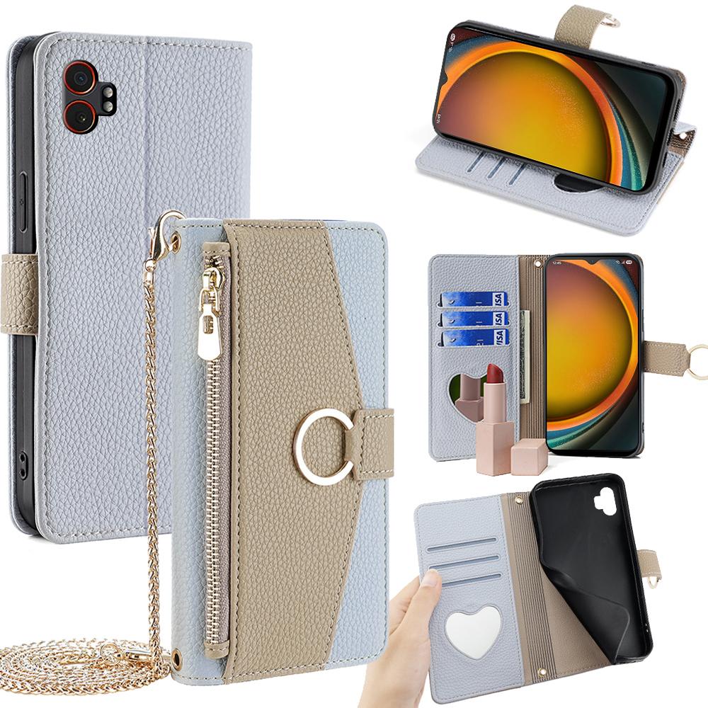For Samsung Galaxy XCover7 Pro Case Mirror Wallet Leather Phone Cover with Chain Shoulder Strap