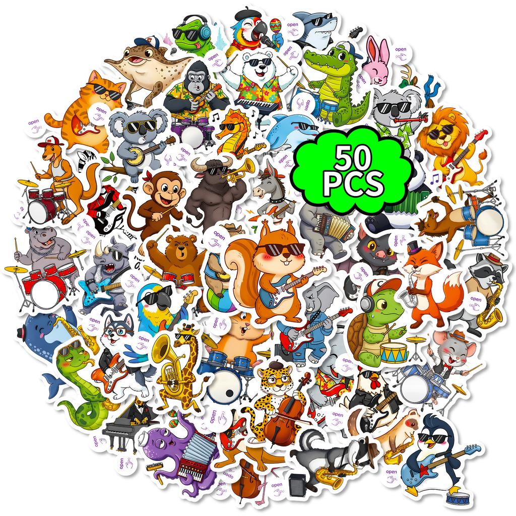 50 Cartoon Fun Animal Musical Instruments Graffiti Stickers Creative Easy To Tear Small Handle Children Diy Material Stickers