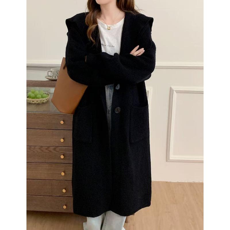 

Осень и зима новый высококачественный длинный ленивый ветер свободный утолщенный лацкан вязаный кардиган пальто свитер куртка One size чёрный