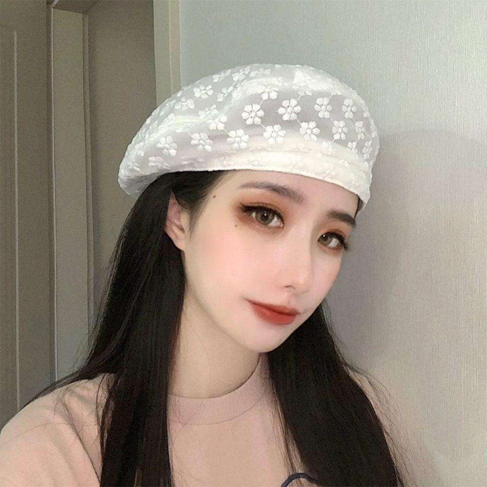 Beret Women's Summer Thin Breathable Versatile Belle Hat Sweet and Cute Flower Lace Painter Hat