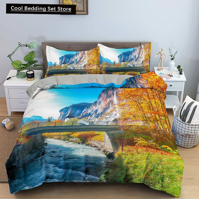 3D Pejzaż Natury Król Królowa Poszewka na Kołdrę Kwiaty Zielone Liście Pościel Zestaw Widok Shimen Poszewka na Kołdrę Poliester Pokrowiec na Kołdrę