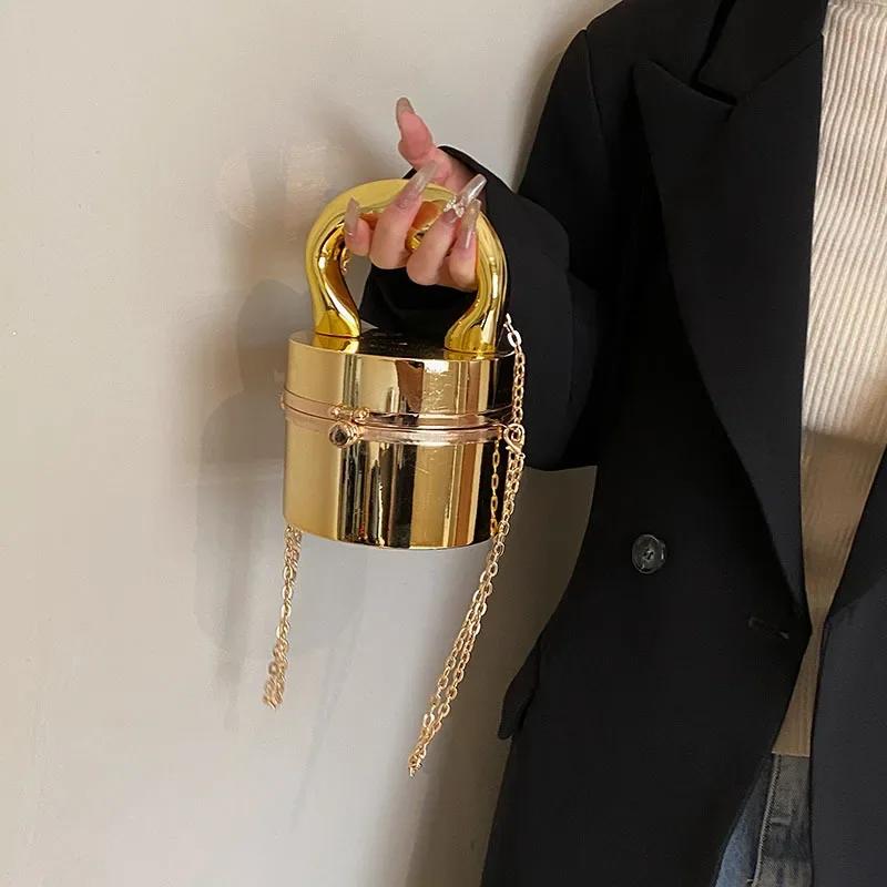 Gold Box Handbag Fashion Shiny Women Bag Party Evening  Clutch Hand Bags For Women Metal Chain Messenger Purse