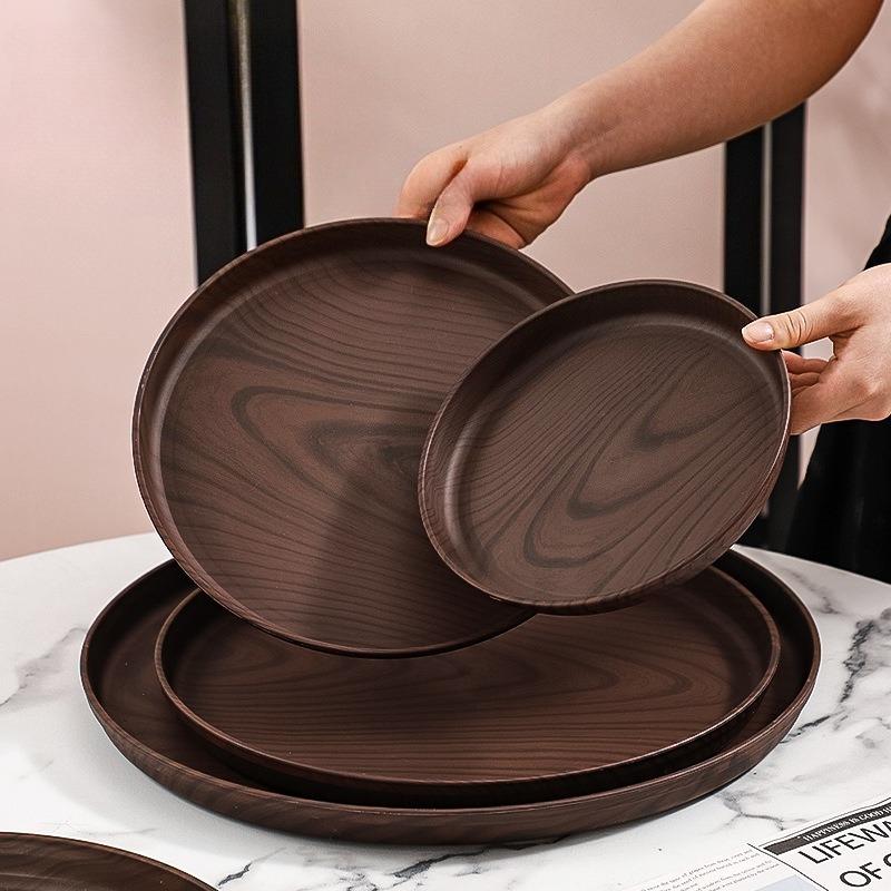 Multi-Purpose Walnut Wood-Grain Tray-Round Serving/Storage Plate for Tea Ceremony, Coffee & Baked Goods,for Tea Set Organization