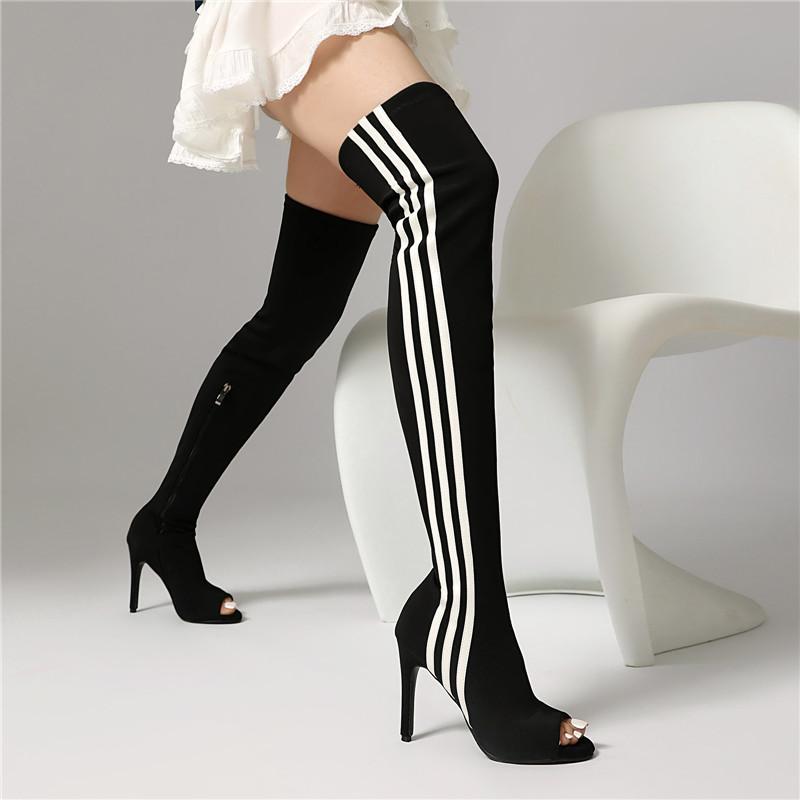 Damen-Stiefel mit hohen Absätzen, sexy europäischer und amerikanischer Stil, hochhackige Überknie-Stiefel mit offenen Zehen in großen Größen.
