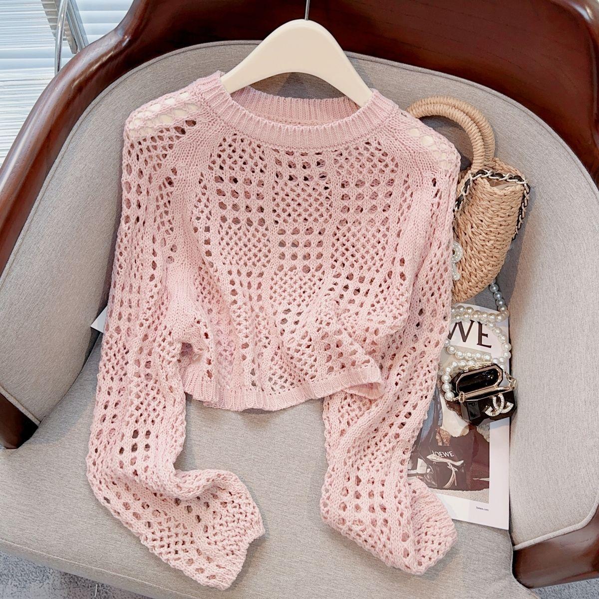 

Солнцезащитный чехол во французском стиле с длинными рукавами, вязаный свитер для женщин в корейском стиле, ажурный вязаный свитер L
