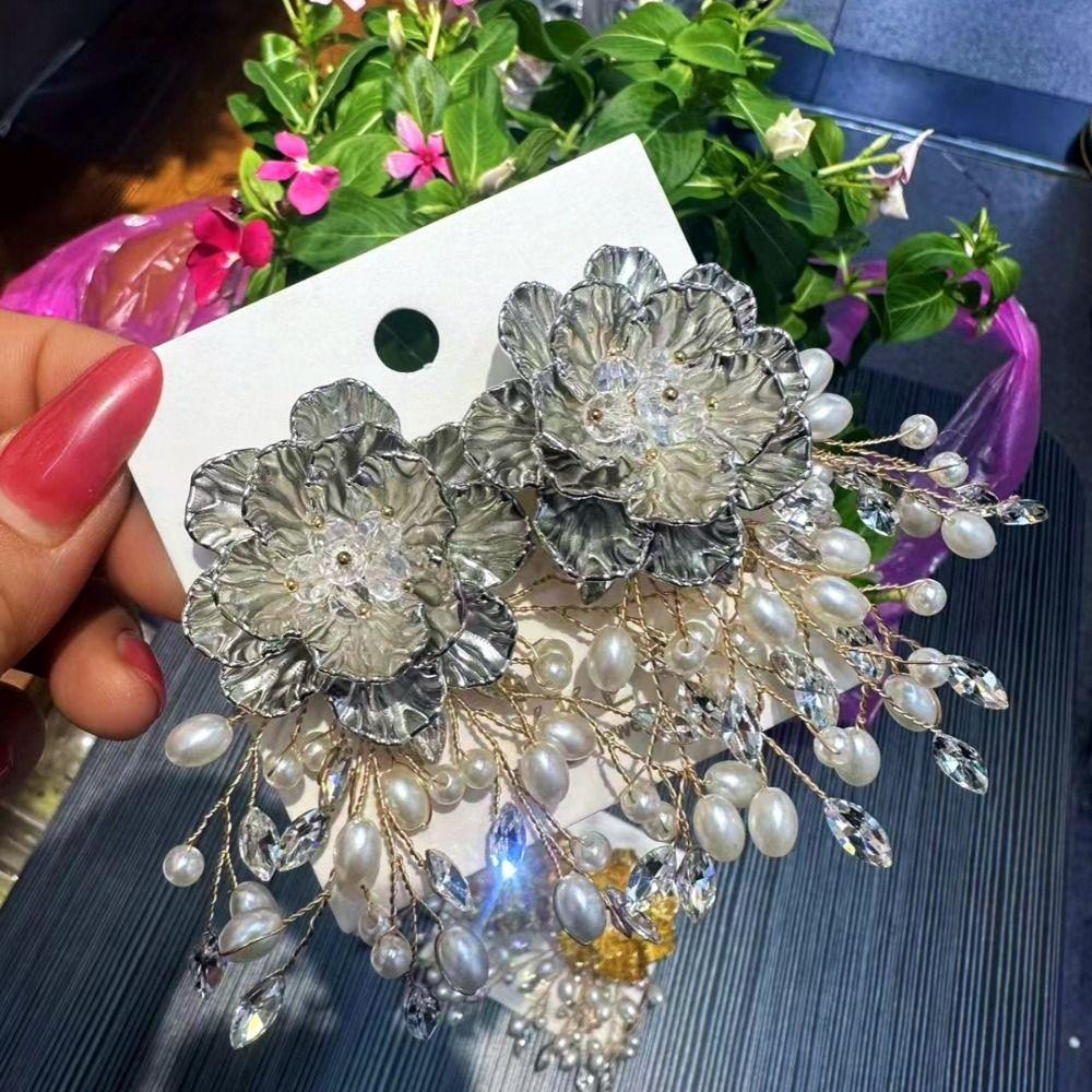 Sparkling Exaggerated Ear Studs Women's Accessories Beaded Peal Earrings Flower Earrings  Party