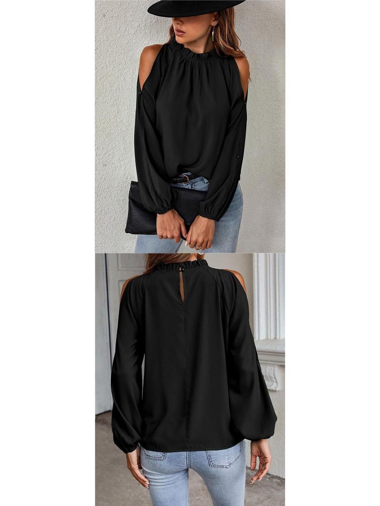 European Autumn/Winter Women's Off-Shoulder Top - Solid Color, Ruffle, Half-High Collar, Long Sleeve.