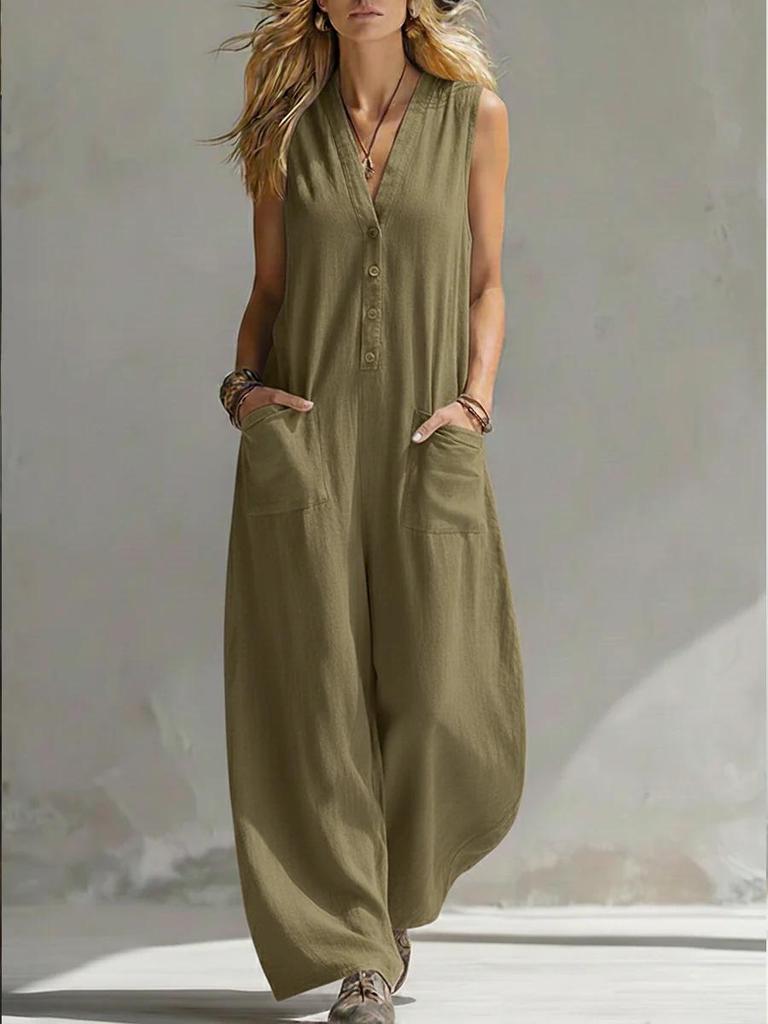 2026 European-American Double Pocket Linen Cotton Sleeveless Casual Jumpsuit